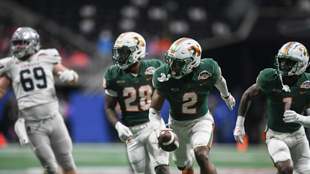 wide receiver Jamari Gassett runs towards the end zone during the Cricket Celebration Bowl game between Florida A&M Unive