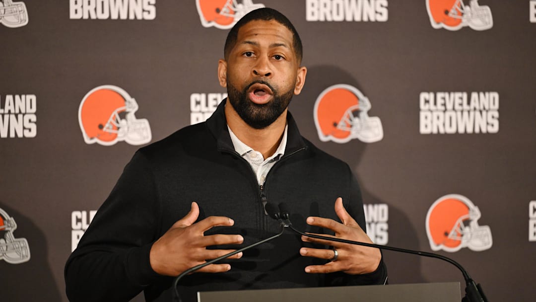 Feb 3, 2026; Berea, OH, USA; Executive vice president, football operations and general manager  Andrew Berry speaks to the media during a press conference to introduce new head coach Todd Monken at CrossCountry Mortgage Campus. Mandatory Credit: Ken Blaze-Imagn Images