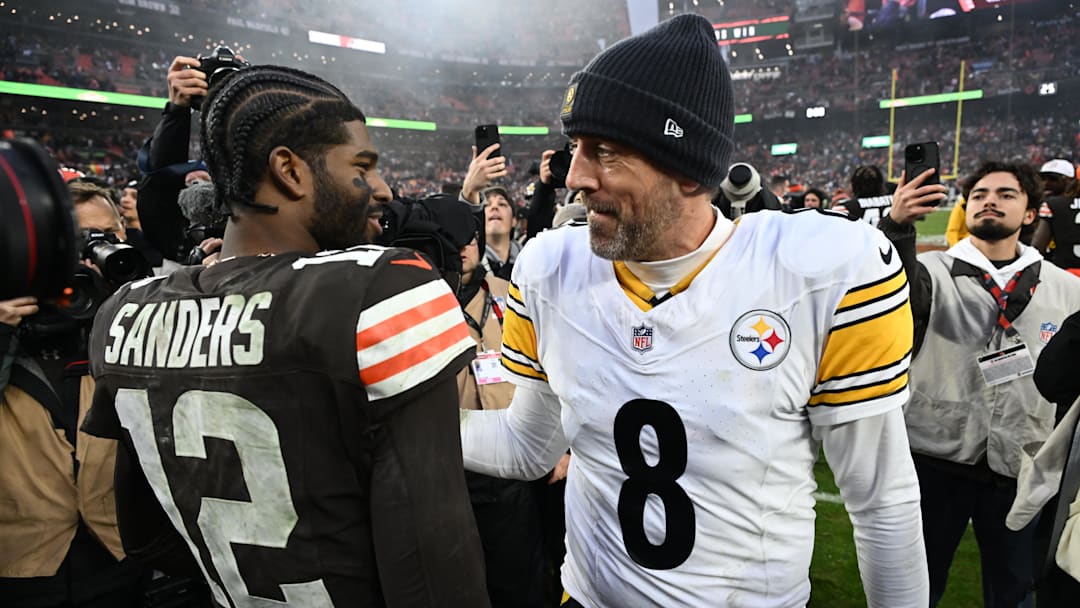Dec 28, 2025; Cleveland, Ohio, USA; Pittsburgh Steelers quarterback Aaron Rodgers (8) and Cleveland Browns quarterback Shedeur Sanders (12) hug after the game at Huntington Bank Field. Mandatory Credit: Ken Blaze-Imagn Images Dec 28, 2025; Cleveland, Ohio, USA; Pittsburgh Steelers quarterback Aaron Rodgers (8) and Cleveland Browns quarterback Shedeur Sanders (12) hug after the game at Huntington Bank Field. Mandatory Credit: Ken Blaze-Imagn Images