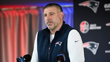 Mar 13, 2025; Foxborough, MA, USA; New England Patriots head coach Mike Vrabel discusses the teamís recent free agent additions with the media at Gillette Stadium. Mandatory Credit: Eric Canha-Imagn Images