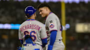 May 16, 2025; Bronx, New York, USA; New York Mets outfielder Juan Soto (22) reacts after walking for the third time in the game during the fifth inning against the New York Yankees at Yankee Stadium. Mandatory Credit: John Jones-Imagn Images