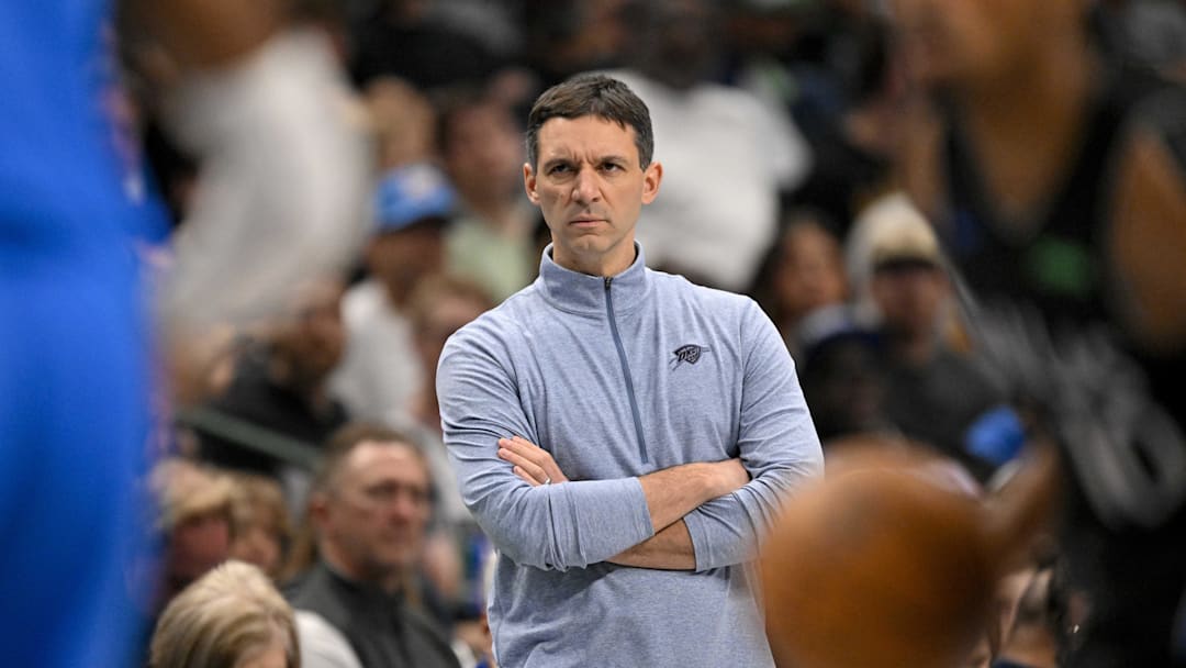 Mar 1, 2026; Dallas, Texas, USA; Oklahoma City Thunder head coach Mark Daigneault looks on during the game between the Mavericks and the Thunder at American Airlines Center. Mandatory Credit: Jerome Miron-Imagn Images