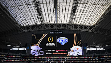Jan 10, 2025; Arlington, TX, USA;  A view of the stadium and roof before the game between the Texas Longhorns and the Ohio State Buckeyes at AT&T Stadium. Mandatory Credit: Jerome Miron-Imagn Images