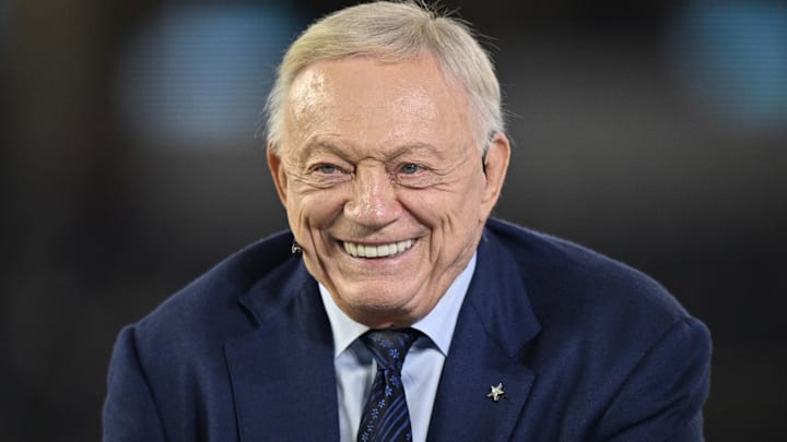 Nov 3, 2025; Arlington, Texas, USA; Dallas Cowboys owner Jerry Jones talks before the game against the Arizona Cardinals at AT&T Stadium.