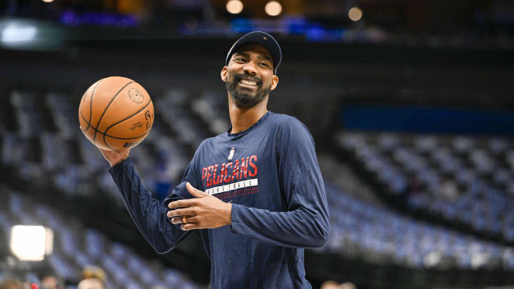 Jan 7, 2023; Dallas, Texas, USA; New Orleans Pelicans player development coach and former NBA player Corey Brewer warms up with the Pelicans before the game between the Dallas Mavericks and the New Orleans Pelicans at the American Airlines Center. 