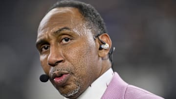 Nov 3, 2025; Arlington, Texas, USA; ESPN commentator Stephen A. Smith looks on before the game between the Dallas Cowboys and the Arizona Cardinals at AT&T Stadium. Mandatory Credit: Jerome Miron-Imagn Images