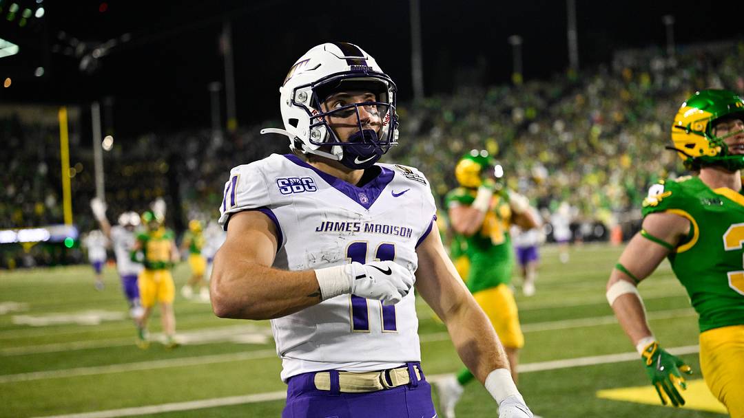 Dec 20, 2025; Eugene, OR, USA;  James Madison Dukes wide receiver Nick Degennaro (11) celebrates after scoring a touchdown during the third quarter against the Oregon Ducks at Autzen Stadium. Mandatory Credit: Troy Wayrynen-Imagn Images