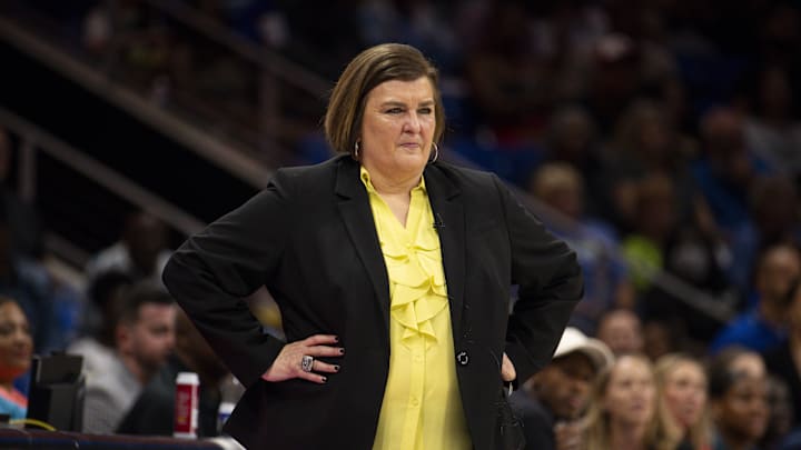 Sep 29, 2023; Arlington, Texas, USA; Dallas Wings head coach Latricia Trammell watches her team take on the Las Vegas Aces during the second half during game three of the 2023 WNBA Playoffs at College Park Center. Mandatory Credit: Jerome Miron-Imagn Images