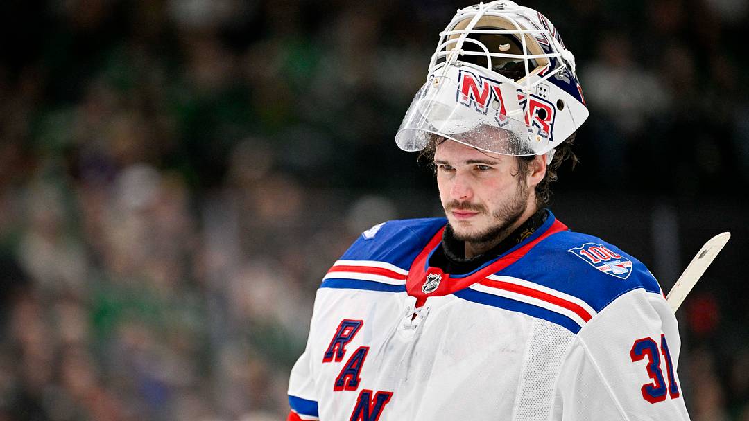 Apr 11, 2026; Dallas, Texas, USA; New York Rangers goaltender Igor Shesterkin (31) skates back on the ice during the second period against the Dallas Stars at the American Airlines Center. Mandatory Credit: Jerome Miron-Imagn Images Apr 11, 2026; Dallas, Texas, USA; New York Rangers goaltender Igor Shesterkin (31) skates back on the ice during the second period against the Dallas Stars at the American Airlines Center. Mandatory Credit: Jerome Miron-Imagn Images