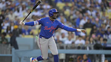 Jun 4, 2025; Los Angeles, California, USA; New York Mets third baseman Ronny Mauricio (10) reacts to a strikeout during the first inning against the Los Angeles Dodgers at Dodger Stadium. Mandatory Credit: Jayne Kamin-Oncea-Imagn Images