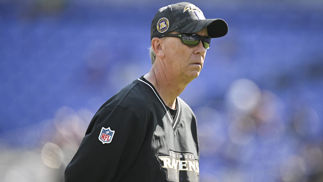 Oct 13, 2024; Baltimore, Maryland, USA;  
Baltimore Ravens offensive coordinator Todd Monken on the field before the game against the Washington Commanders at M&T Bank Stadium. Mandatory Credit: Tommy Gilligan-Imagn Images