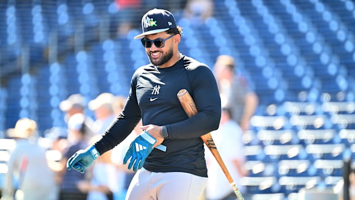 Mar 10, 2026; Clearwater, Florida, USA; New York Yankees left fielder Jasson Dominguez (24) prepares to take batting practice before a game against the Philadelphia Phillies during spring training at BayCare Ballpark. Mandatory Credit: Jonathan Dyer-Imagn Images