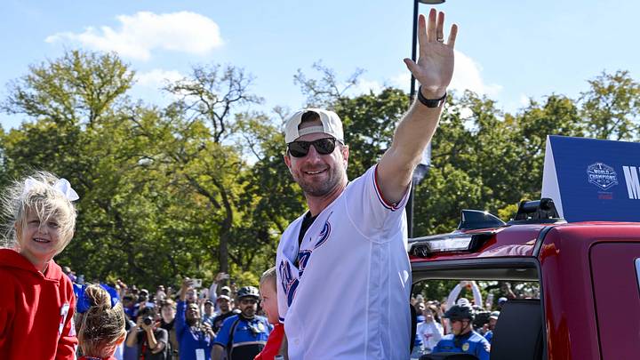 Nov 3, 2023; Arlington, TX, USA; Texas Rangers starting pitcher Max Scherzer (31) during the World Series championship parade at Globe Life Field. Mandatory Credit: Jerome Miron-Imagn Images
