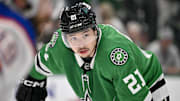 May 29, 2025; Dallas, Texas, USA; Dallas Stars left wing Jason Robertson (21) during the game between the Dallas Stars and the Edmonton Oilers in game five of the Western Conference Final of the 2025 Stanley Cup Playoffs at American Airlines Center. Mandatory Credit: Jerome Miron-Imagn Images
