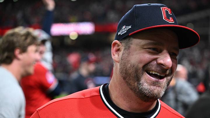 Oct 10, 2026: Cleveland Guardians manager Stephen Vogt reacts after the win against the Chicago White Sox in game five of the ALDS for the 2026 MLB Playoffs at Progressive Field. Credit: David Dermer-Imagn Images