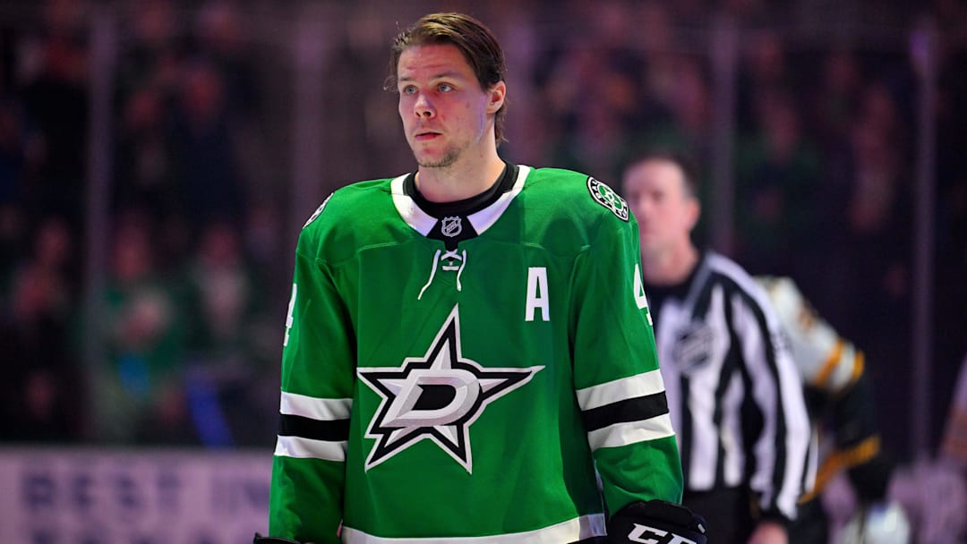 Jan 20, 2026; Dallas, Texas, USA;  Dallas Stars defenseman Miro Heiskanen (4) looks on before the game between the Dallas Stars and the Boston Bruins at the American Airlines Center. Mandatory Credit: Jerome Miron-Imagn Images