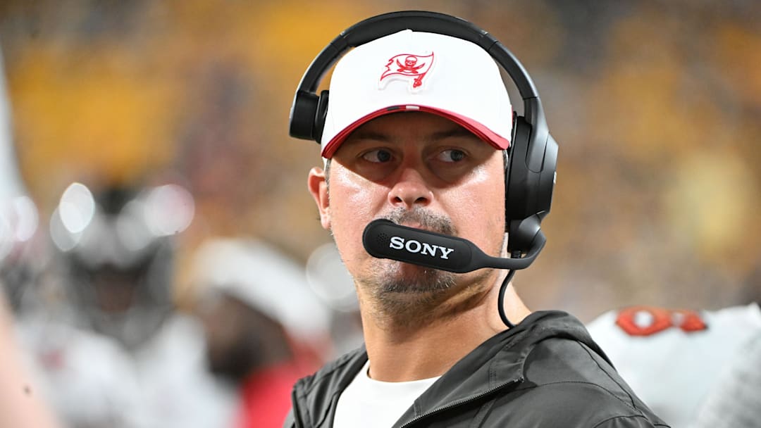 Aug 16, 2025; Pittsburgh, Pennsylvania, USA; Tampa Bay Buccaneers offensive coordinator Josh Grizzard watches the action against the Pittsburgh Steelers during the second half at Acrisure Stadium. Mandatory Credit: Barry Reeger-Imagn Images
