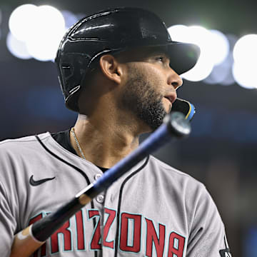 Aug 11, 2025; Arlington, Texas, USA; Arizona Diamondbacks designated hitter Lourdes Gurriel Jr. (12) during the game between the Texas Rangers and the Arizona Diamondbacks at Globe Life Field. Mandatory Credit: Jerome Miron-Imagn Images
