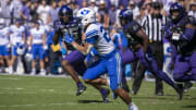 Oct 14, 2023; Fort Worth, Texas, USA; Brigham Young Cougars running back LJ Martin (27) in action