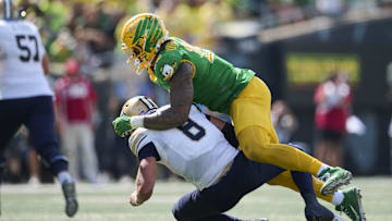 Young Concrete: Oregon Ducks edge rusher Matayo Uiagalelei (10) sacks Montana State Bobcats quarterback Justin Lamson (8) during the second half at Autzen Stadium. Mandatory Credit: Troy Wayrynen-Imagn Images