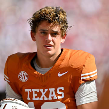 Texas Longhorns quarterback Arch Manning before the game between the Texas Longhorns and the Oklahoma Sooners at the Cotton Bowl.