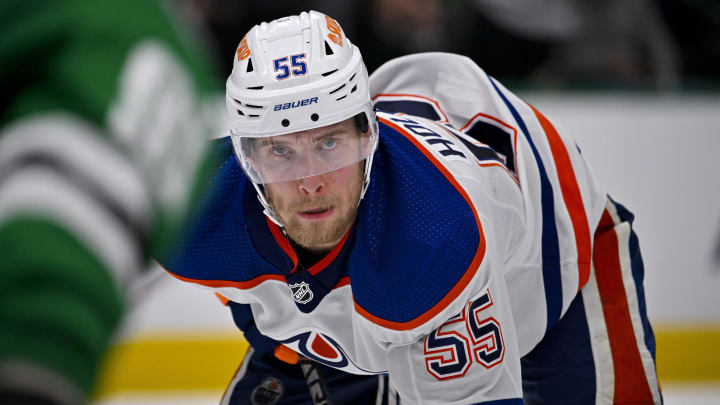 May 25, 2024; Dallas, Texas, USA; Edmonton Oilers left wing Dylan Holloway (55) in action during the game between the Dallas Stars and the Edmonton Oilers in game two of the Western Conference Final of the 2024 Stanley Cup Playoffs at American Airlines Center. Mandatory Credit: Jerome Miron-USA TODAY Sports