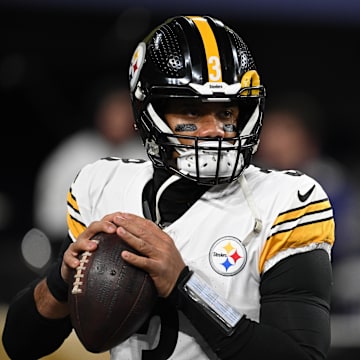 Jan 11, 2025; Baltimore, Maryland, USA; Pittsburgh Steelers quarterback Russell Wilson (3) warms up before an AFC wild card game against the Baltimore Ravens at M&T Bank Stadium. Mandatory Credit: Tommy Gilligan-Imagn Images