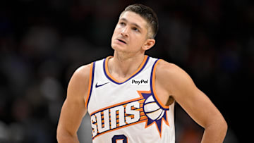 Nov 12, 2025; Dallas, Texas, USA; Phoenix Suns guard Grayson Allen (8) looks on during the second half against the Dallas Mavericks at the American Airlines Center. Mandatory Credit: Jerome Miron-Imagn Images
