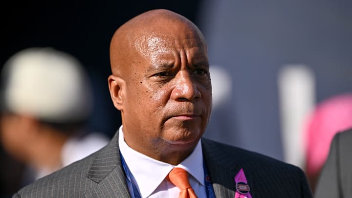 Oct 6, 2024; Chicago, Illinois, USA; Chicago Bears president Kevin Warren looks on against the Carolina Panthers during the fourth quarter at Soldier Field. Mandatory Credit: Daniel Bartel-Imagn Images