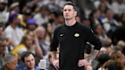 Apr 9, 2025; Dallas, Texas, USA; Los Angeles Lakers head coach JJ Redick during the game between the Dallas Mavericks and the Los Angeles Lakers at American Airlines Center. Mandatory Credit: Jerome Miron-Imagn Images