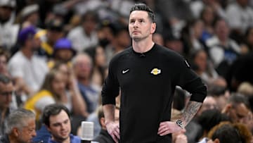 Apr 9, 2025; Dallas, Texas, USA; Los Angeles Lakers head coach JJ Redick during the game between the Dallas Mavericks and the Los Angeles Lakers at American Airlines Center. Mandatory Credit: Jerome Miron-Imagn Images