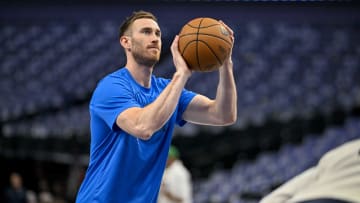 May 13, 2024; Dallas, Texas, USA; Oklahoma City Thunder forward Gordon Hayward (33) warms up before the game between the Dallas Mavericks and the Oklahoma City Thunder in game four of the second round for the 2024 NBA playoffs at American Airlines Center. Mandatory Credit: Jerome Miron-USA TODAY Sports