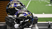 Aug 16, 2025; Arlington, Texas, USA; A view of the Baltimore Ravens logo and helmets before the game between the Dallas Cowboys and the Baltimore Ravens at AT&T Stadium. Mandatory Credit: Jerome Miron-Imagn Images