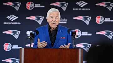 Mar 13, 2025; Foxborough, MA, USA; New England Patriots owner Robert Kraft discusses the teamís recent free agent additions with the media at Gillette Stadium. Mandatory Credit: Eric Canha-Imagn Images