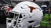 Jul 12, 2023; Arlington, TX, USA; A view of the Texas Longhorns helmet and logo during Big 12 football media day at AT&T Stadium. Mandatory Credit: Jerome Miron-Imagn Images