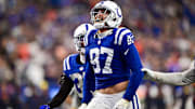 Sep 22, 2024; Indianapolis, Indiana, USA; Indianapolis Colts defensive end Laiatu Latu (97) celebrates a sack during the second half against the Chicago Bears at Lucas Oil Stadium. Mandatory Credit: Marc Lebryk-Imagn Images

