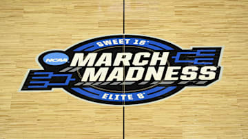 Mar 26, 2025; San Francisco, CA, USA; Detail view of the midcourt logo during NCAA Tournament West Regional Practice at Chase Center. Mandatory Credit: Eakin Howard-Imagn Images