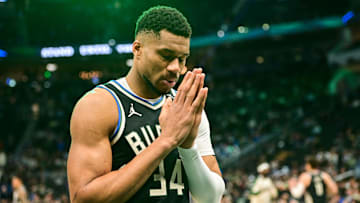 Apr 10, 2025; Milwaukee, Wisconsin, USA; Milwaukee Bucks forward Giannis Antetokounmpo (34) gets ready to play the New Orleans Pelicans at Fiserv Forum. Mandatory Credit: Benny Sieu-Imagn Images