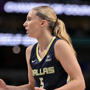 Aug 1, 2025; Dallas, Texas, USA; Dallas Wings guard Paige Bueckers (5) in action during the game between the Dallas Wings and the Indiana Fever at the American Airlines Center. Mandatory Credit: Jerome Miron-Imagn Images