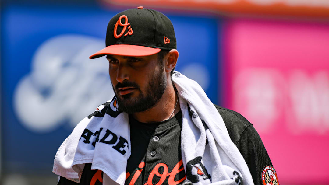 Jun 21, 2025; Bronx, New York, USA; Baltimore Orioles pitcher Zach Eflin (24) heads to the dugout from the bullpen before the game against the New York Yankees at Yankee Stadium. Mandatory Credit: John Jones-Imagn Images