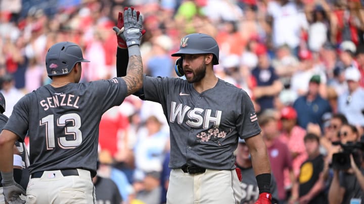 Jun 8, 2024; Washington, District of Columbia, USA; Washington Nationals first baseman Joey Gallo (24) celebrates with third baseman Nick Senzel (13) after crossing home plate during the sixth inning against the Atlanta Braves at Nationals Park. 