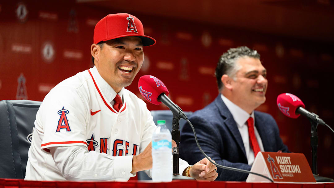 Oct 22, 2025; Los Angeles, CA, USA; Los Angeles Angels manager Kurt Suzuki speaks during a press conference at Angel Stadium. Mandatory Credit: William Liang-Imagn Images