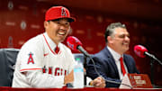 Oct 22, 2025; Los Angeles, CA, USA; Los Angeles Angels manager Kurt Suzuki speaks during a press conference at Angel Stadium. Mandatory Credit: William Liang-Imagn Images