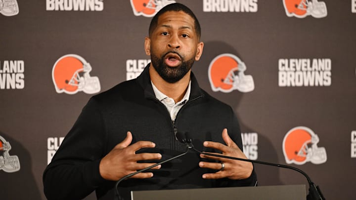 Executive vice president, football operations and general manager  Andrew Berry speaks to the media.