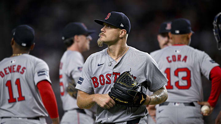 Aug 3, 2024; Arlington, Texas, USA;  Boston Red Sox starting pitcher Tanner Houck (89) leaves the game against the Texas Rangers during the sixth inning at Globe Life Field. Mandatory Credit: Jerome Miron-Imagn Images