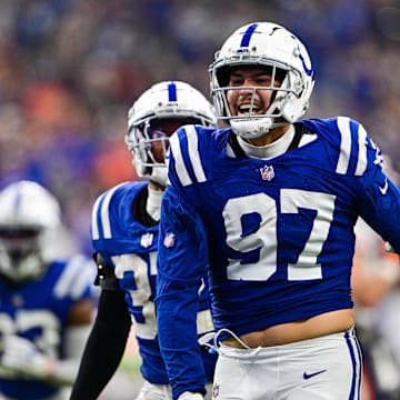 Sep 22, 2024; Indianapolis, Indiana, USA; Indianapolis Colts defensive end Laiatu Latu (97) celebrates a sack during the second half against the Chicago Bears at Lucas Oil Stadium. 