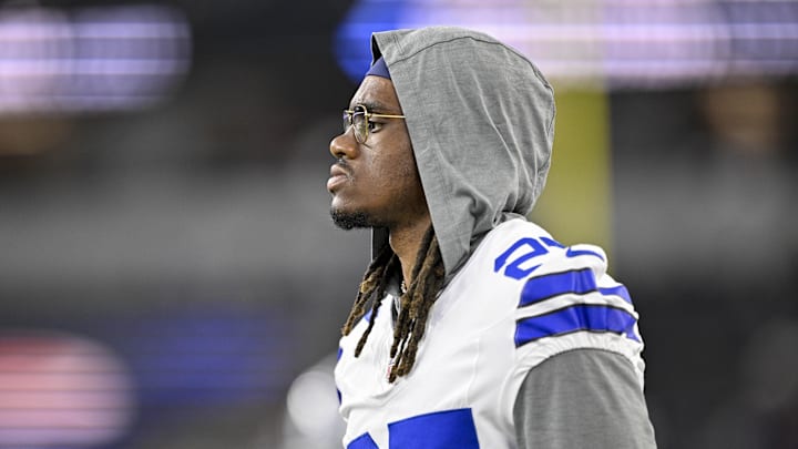 Aug 16, 2025; Arlington, Texas, USA; Dallas Cowboys cornerback Shavon Revel Jr. (27) looks on before the game against the Baltimore Ravens at AT&T Stadium. Mandatory Credit: Jerome Miron-Imagn Images