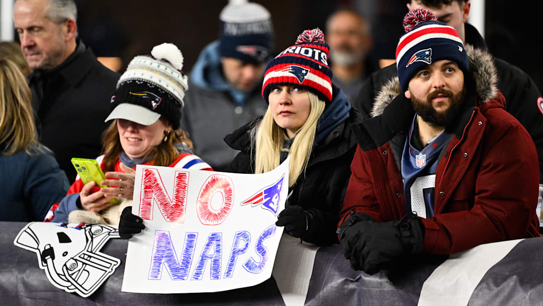 Jan 11, 2026; Foxborough, MA, USA; New England Patriots fans look on during the second quarter against the Los Angeles Chargers in an AFC Wild Card Round game at Gillette Stadium. Mandatory Credit: Eric Canha-Imagn Images