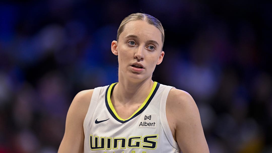 Jul 28, 2025; Arlington, Texas, USA; Dallas Wings guard Paige Bueckers (5) during the game between the Dallas Wings and the New York Liberty at College Park Center. Mandatory Credit: Jerome Miron-Imagn Images