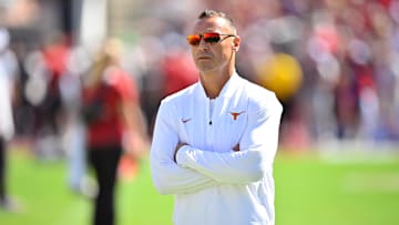 Oct 11, 2025; Dallas, Texas, USA; Texas Longhorns head coach Steve Sarkisian looks on during the game between the Texas Longhorns and the Oklahoma Sooners at the Cotton Bowl.
